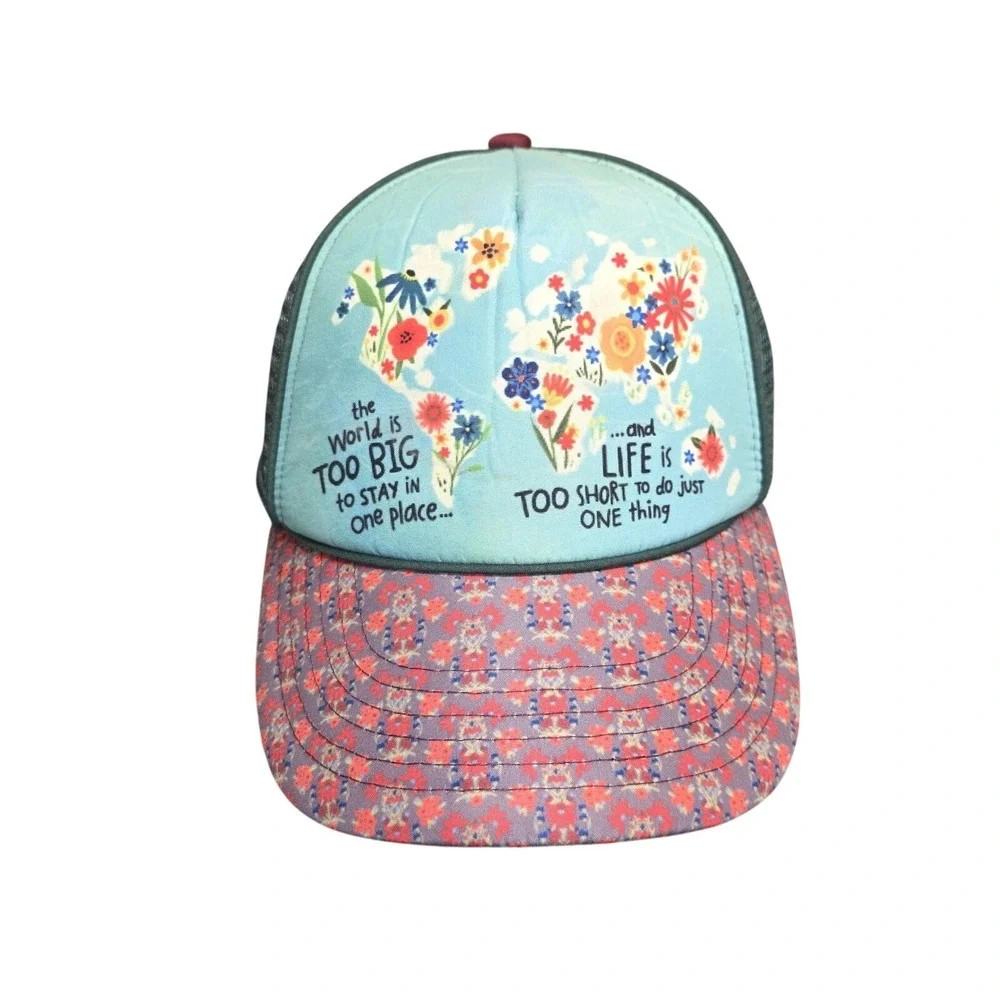 Natural Life Hat Cap Snap Back Womens Adjustable World Map Travel Quote Floral